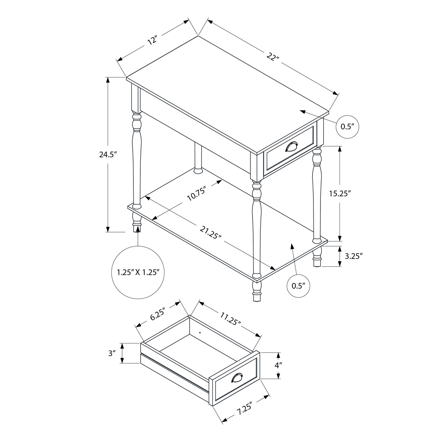 Monarch Specialties I 3969 - Table D'appoint, 2 Niveaux, Table D'appoint, Bout, Étroit, Table De Nuit, Chambre À Coucher, Lampe, Tiroir De Rangement, Placage Brun, Traditionnel - Simple Boutique