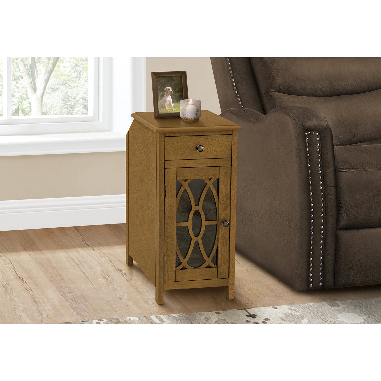 Monarch Specialties I 3972 - Table D'appoint, Table D'appoint, Bout, Étroit, Table De Nuit, Chambre À Coucher, Tiroir De Rangement, Lampe, Placage Brun, Traditionnel - Simple Boutique