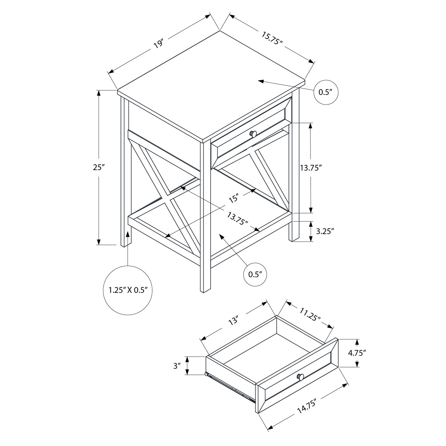 Monarch Specialties I 3984 - Table D'appoint, Bout, Table D'appoint, 2 Niveaux, Chambre À Coucher, Table De Nuit, Lampe, Tiroir De Rangement, Placage Blanc Antique, Transitionnel - Simple Boutique