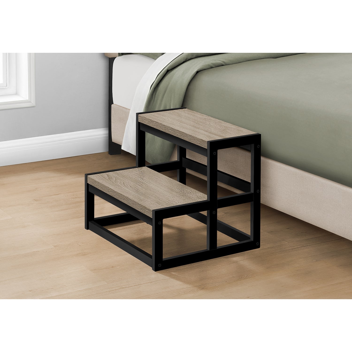 Monarch Specialties I 4000 - Escabeau, Tabouret À Une Marche, Chambre À Coucher, Cuisine, Métal Noir, Stratifié Taupe Foncé, Contemporain - Simple Boutique