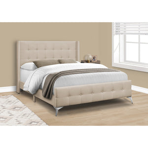 Monarch Specialties I 6041Q - Lit, Grand, Chambre À Coucher, Cadre, Rembourré, Regard Lin Lin Beige, Pieds En Métal Chrome, Transitionnel - Simple Boutique