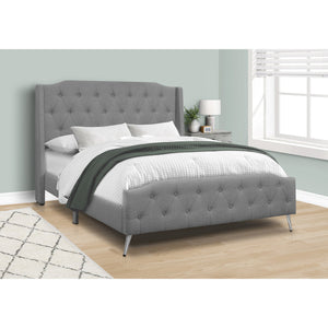 Monarch Specialties I 6045Q - Lit, Grand, Chambre À Coucher, Cadre, Rembourré, Apparence De Lin Gris, Pieds En Métal Chrome, Transitionnel - Simple Boutique