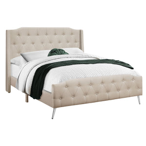 Monarch Specialties I 6046Q - Lit, Grand, Chambre À Coucher, Cadre, Rembourré, Regard Lin, Lin Beige, Pieds En Métal Chrome, Transitionnel - Simple Boutique