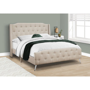 Monarch Specialties I 6046Q - Lit, Grand, Chambre À Coucher, Cadre, Rembourré, Regard Lin, Lin Beige, Pieds En Métal Chrome, Transitionnel - Simple Boutique