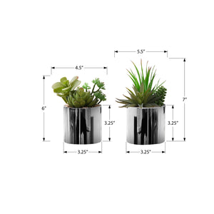 Monarch Specialties I 9550 - Plante Artificielle, 7" De Haut, Succulent, Intérieur, Faux, Faux, Table, Verdure, Mis En Pot, Ensemble De 2, Décoratif, Plantes Vertes, Pots En Chrome - Simple Boutique