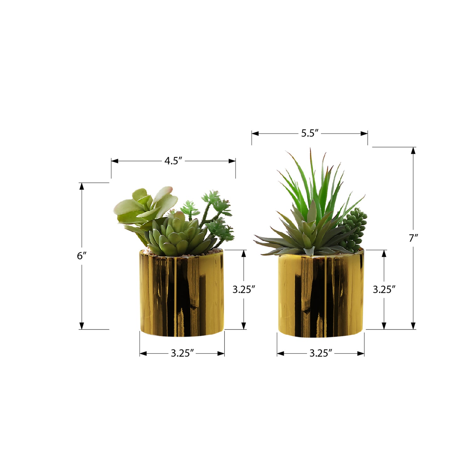Monarch Specialties I 9553 - Plante Artificielle, 7" De Haut, Succulent, Intérieur, Faux, Faux, Table, Verdure, Mis En Pot, Ensemble De 2, Décoratif, Plantes Vertes, Pots Dorés Brillants - Simple Boutique