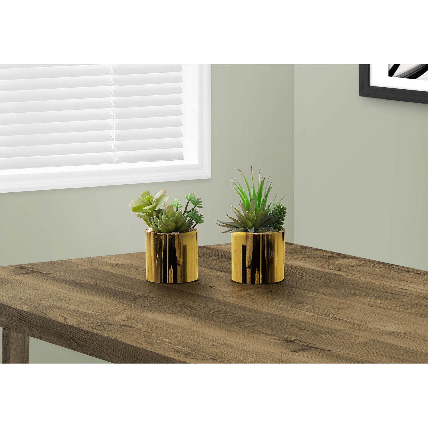 Monarch Specialties I 9553 - Plante Artificielle, 7" De Haut, Succulent, Intérieur, Faux, Faux, Table, Verdure, Mis En Pot, Ensemble De 2, Décoratif, Plantes Vertes, Pots Dorés Brillants - Simple Boutique