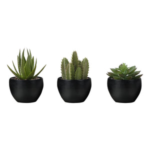 Monarch Specialties I 9556 - Plante Artificielle, 6" De Haut, Succulent, Intérieur, Faux, Faux, Table, Verdure, Mis En Pot, Ensemble De 3, Décoratif, Plantes Vertes, Pots Noirs - Simple Boutique