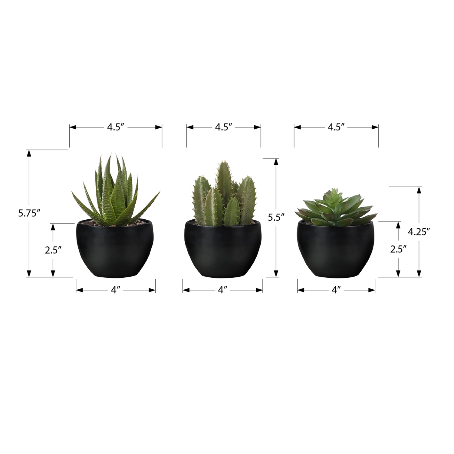 Monarch Specialties I 9556 - Plante Artificielle, 6" De Haut, Succulent, Intérieur, Faux, Faux, Table, Verdure, Mis En Pot, Ensemble De 3, Décoratif, Plantes Vertes, Pots Noirs - Simple Boutique