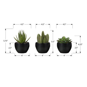 Monarch Specialties I 9556 - Plante Artificielle, 6" De Haut, Succulent, Intérieur, Faux, Faux, Table, Verdure, Mis En Pot, Ensemble De 3, Décoratif, Plantes Vertes, Pots Noirs - Simple Boutique