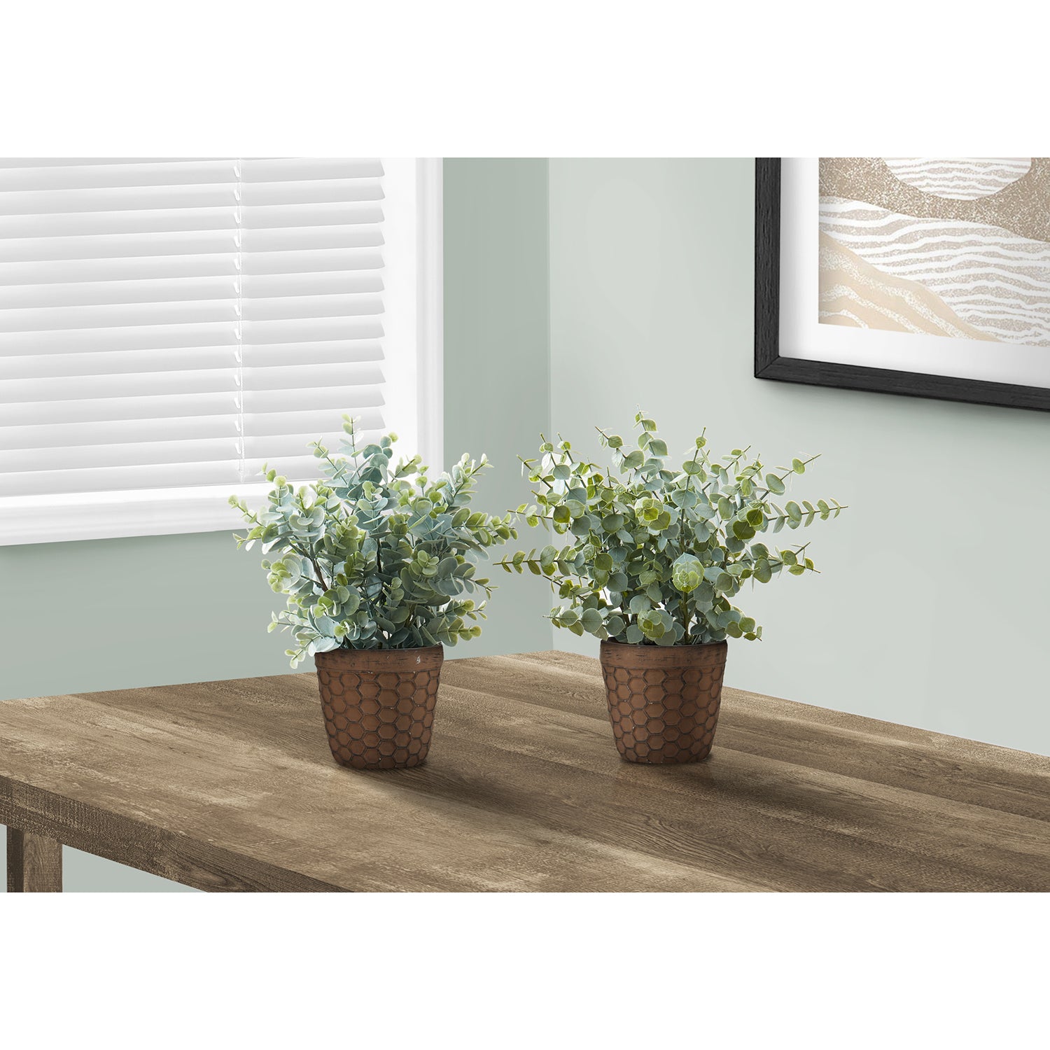 Monarch Specialties I 9560 - Plante Artificielle, 13" De Haut, Herbe D'eucalyptus, Intérieur, Faux, Faux, Table, Verdure, Mis En Pot, Ensemble De 2, Décoratif, Feuilles Vertes, Pots Bruns - Simple Boutique