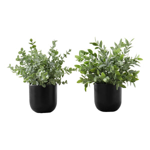 Monarch Specialties I 9580 - Plante Artificielle, 11" De Haut, Herbe D'eucalyptus, Intérieur, Faux, Faux, Tableau, Verdure, Mis En Pot, Lot De 2, Décoratif, Feuilles Vertes, Pots Noirs - Simple Boutique