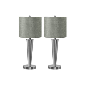 Monarch Specialties I 9642 - Luminaire, Ensemble De 2, 24"H, Lampe De Table, Nickel , Abat-jour Gris, Contemporain - Simple Boutique