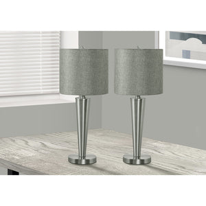 Monarch Specialties I 9642 - Luminaire, Ensemble De 2, 24"H, Lampe De Table, Nickel , Abat-jour Gris, Contemporain - Simple Boutique
