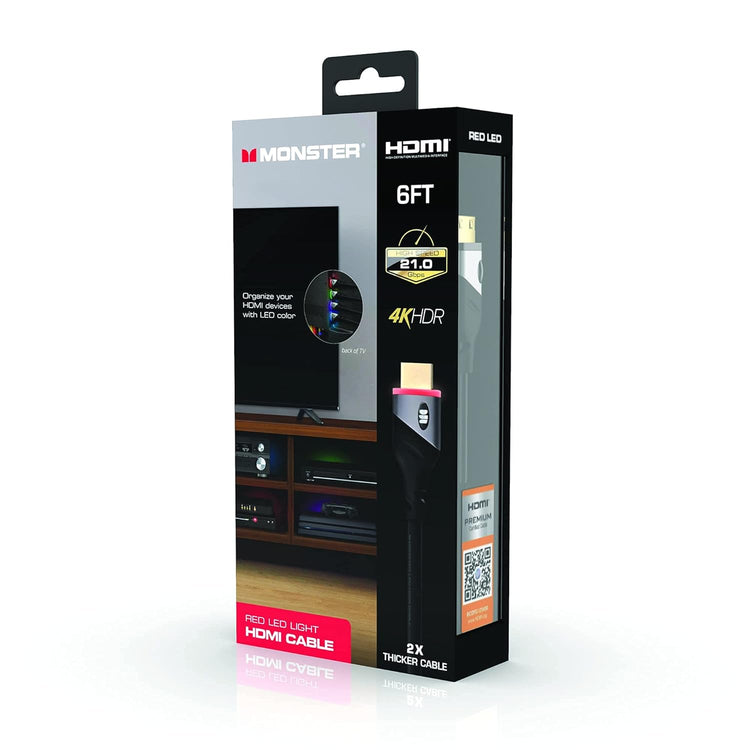 Monster - Câble HDMI 4K HDR Haute Vitesse avec LED Rouge Intégré, Longeur de 6 Pieds - Simple Boutique