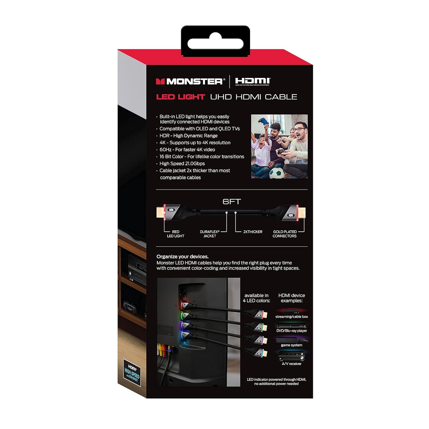 Monster - Câble HDMI 4K HDR Haute Vitesse avec LED Rouge Intégré, Longeur de 6 Pieds - Simple Boutique