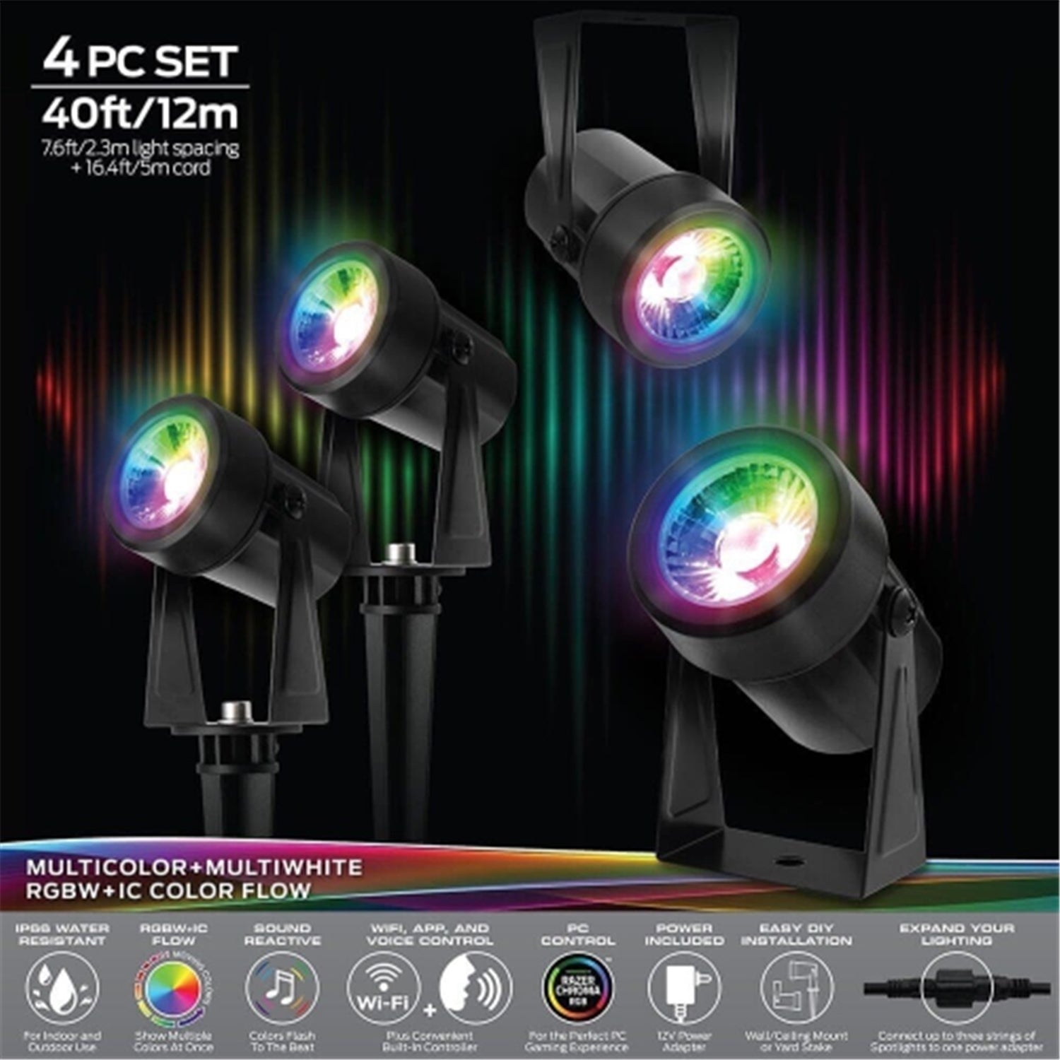 Monster - Ensemble de 4 Projecteur LED Extérieur pour Jardin Intelligent, Longeur de 5 Mètres, Noir - Simple Boutique