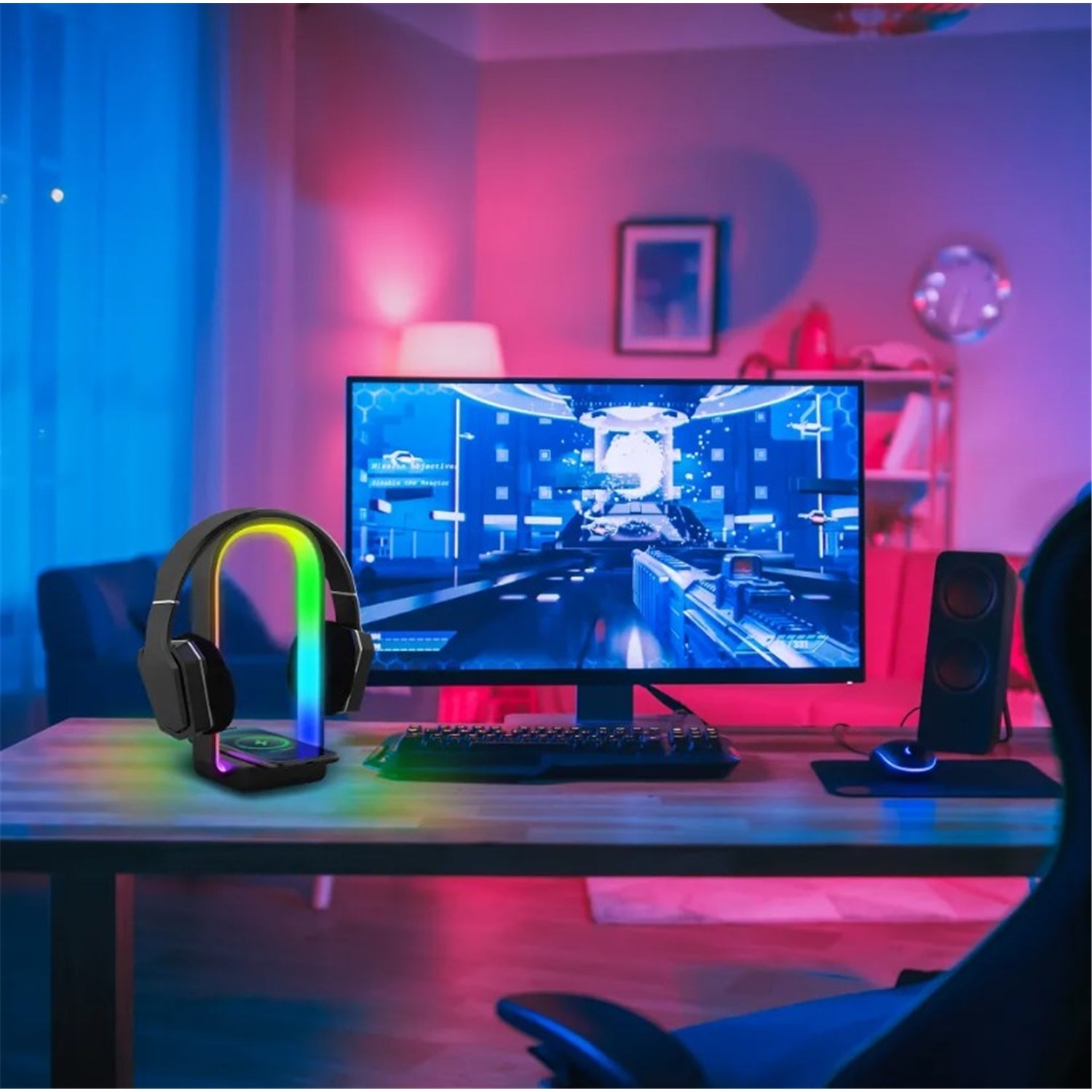 Monster - Lampe LED Avec Support pour Écouteur et Chargeur Sans-Fil Intégré, Télécommande Incluse - Simple Boutique