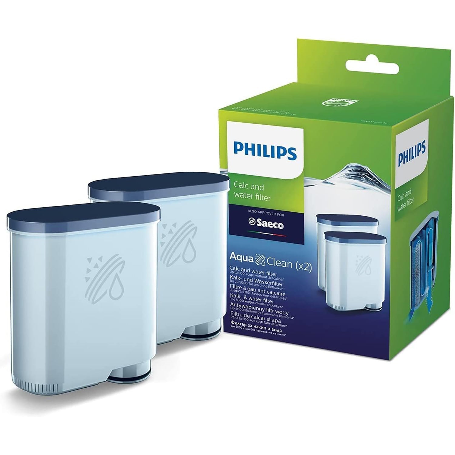 Philips - Lot de 2 Filtres à Eau et Calcaire AquaClean pour Machine à Expresso, Pas de Détartrage Jusqu'à 5 000 Tasses - CA6903/22 - Simple Boutique