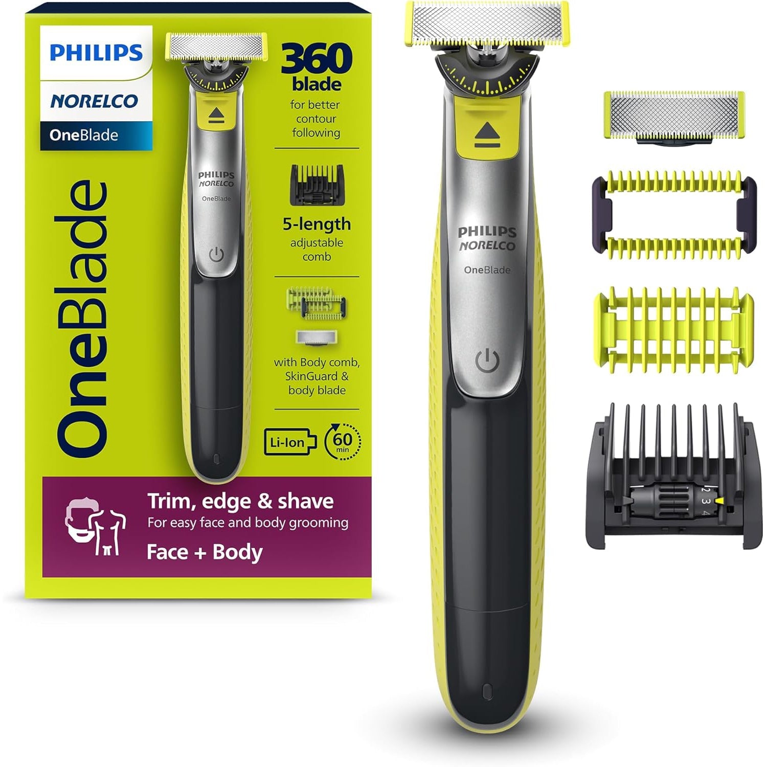 Philips - Rasoir/Tondeuse OneBlade pour le Visage et le Corp Rechargeable, Pour Peau sèche ou Humide, Vert - Simple Boutique
