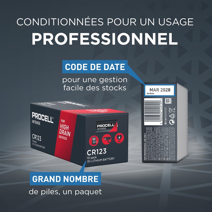 Procell Intense - Pile lithium High Power CR123, 3V, emballage de 12 - Simple Boutique