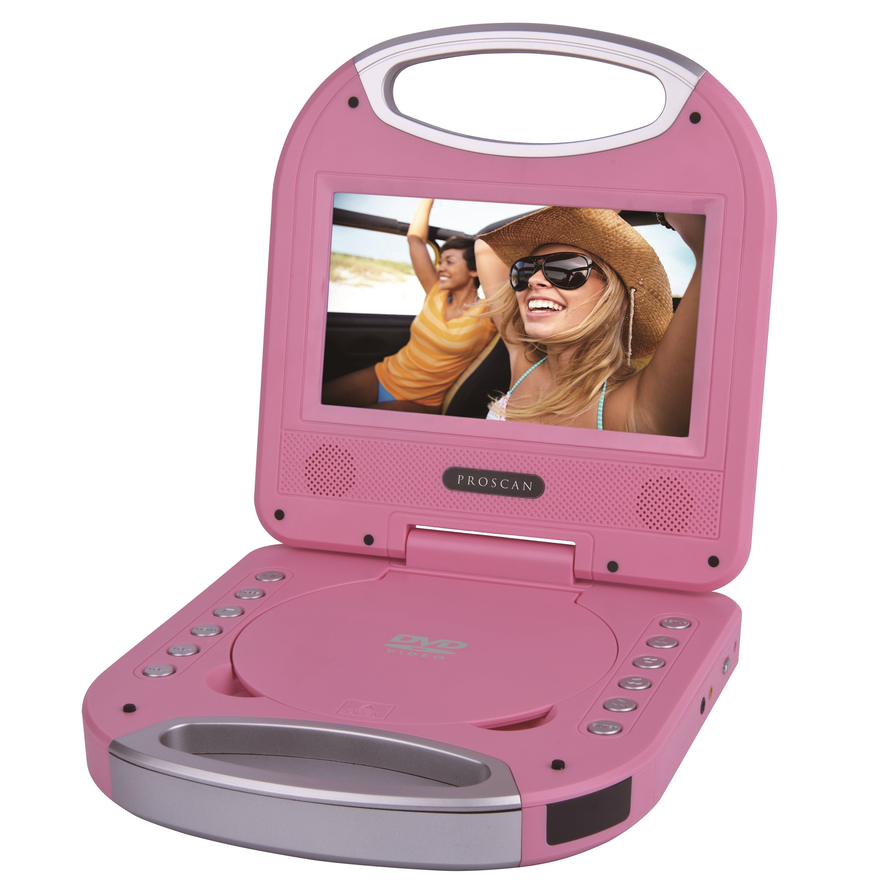Proscan 7" Lecteur DVD Portable avec Poignée Intégrée, Batterie Rechargeable, Télécommande, Écouteurs, Rose - PDVD7049-PINK - Simple Boutique