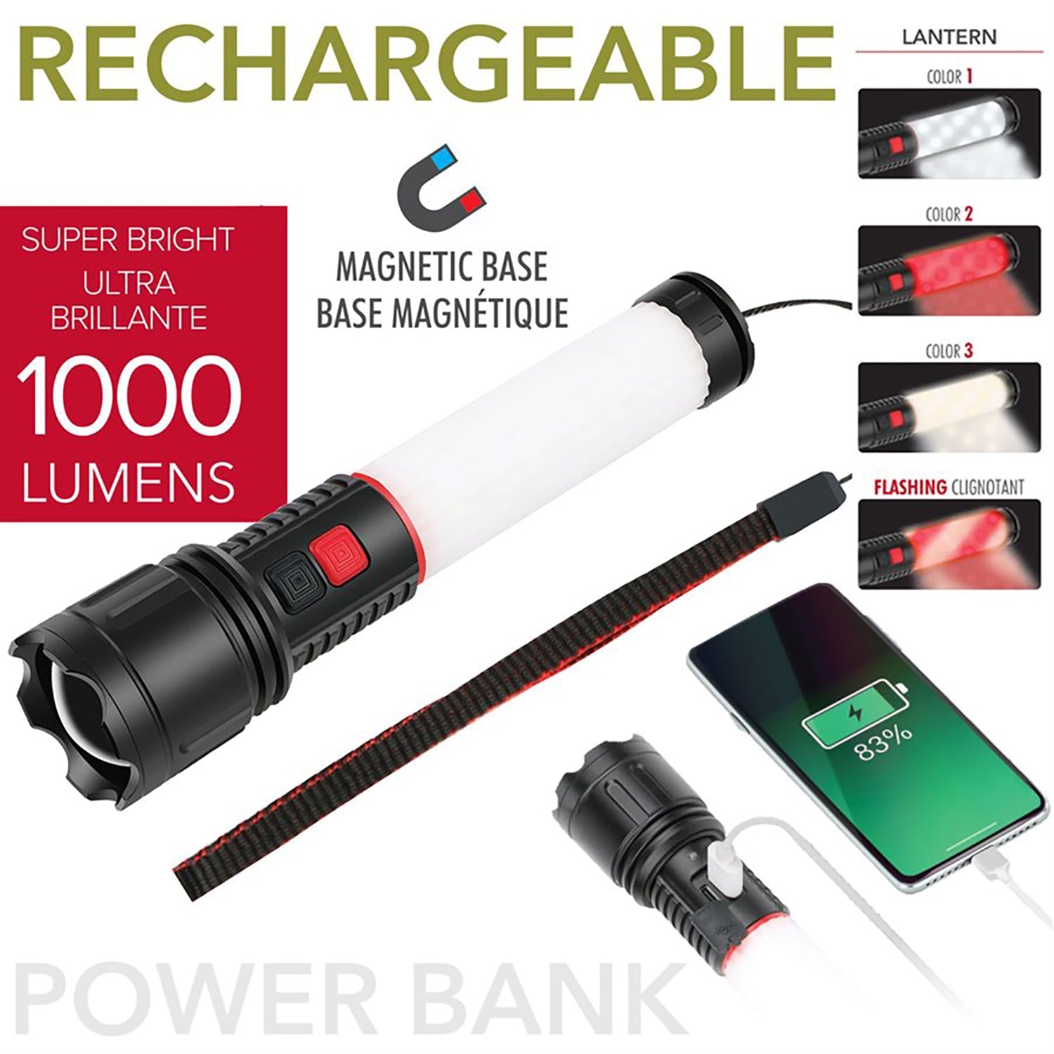 RCA - Lampe de Poche LED et Lanterne avec Banque de Recharge 2000mAh, Rechargeable - Simple Boutique
