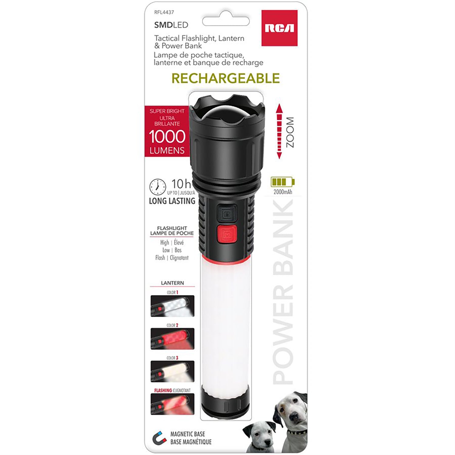RCA - Lampe de Poche LED et Lanterne avec Banque de Recharge 2000mAh, Rechargeable - Simple Boutique