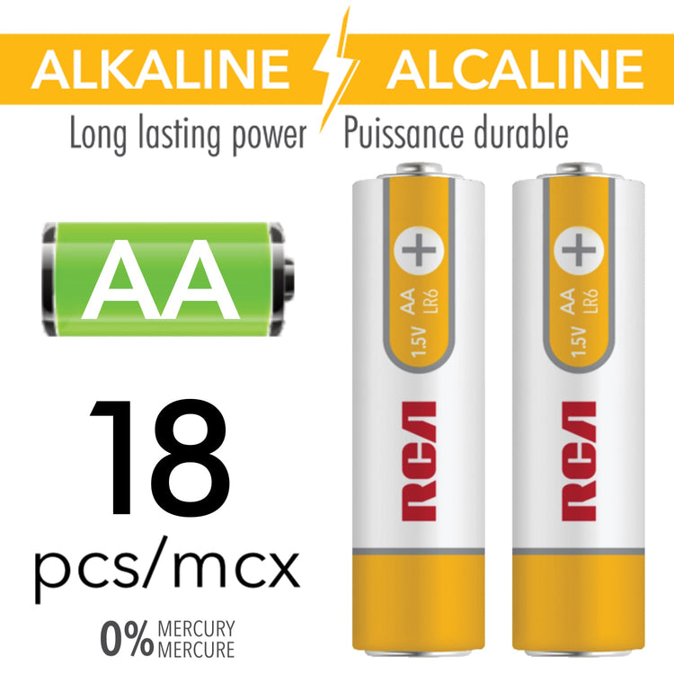 RCA - Paquet de 18 Piles Alcaline AA, Puissance Longue Durée, Sans Mercure - Simple Boutique
