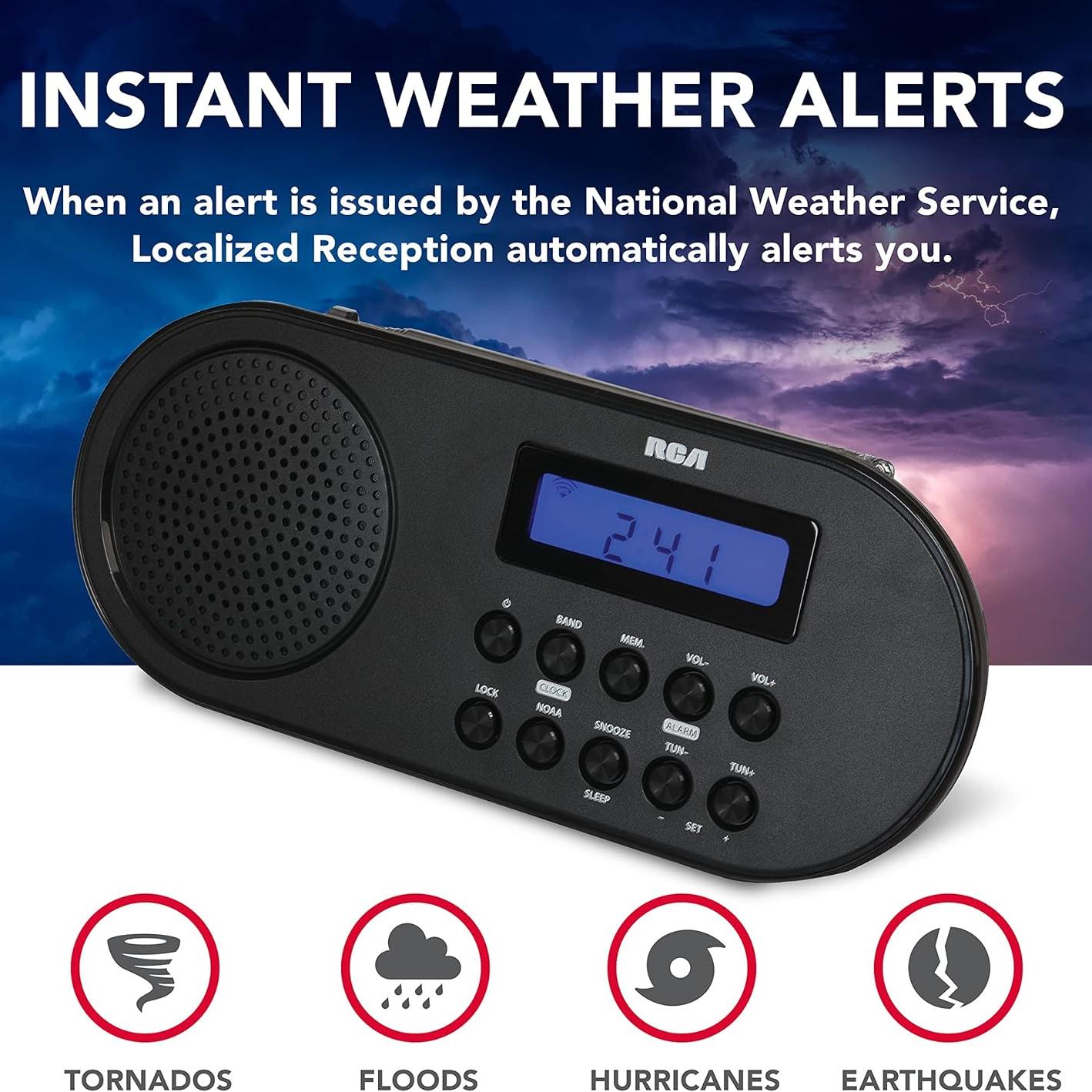 RCA Radio-Réveil avec AM/FM Numérique et Alertes Météo NOAA, Alimentation Électrique ou à Piles, Noir - RCWR7V - Simple Boutique