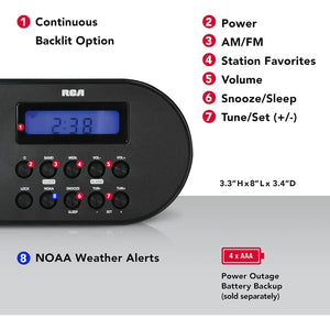 RCA Radio-Réveil avec AM/FM Numérique et Alertes Météo NOAA, Alimentation Électrique ou à Piles, Noir - RCWR7V - Simple Boutique