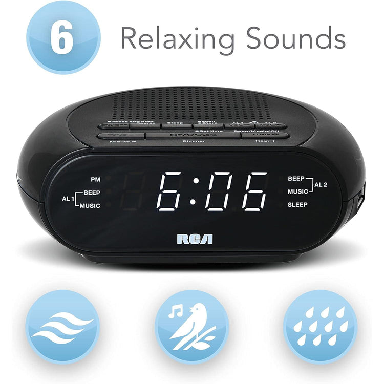 RCA Radio-Réveil avec Chargement USB, Sons Relaxants et Batterie de Secours, Noir - RCS27 - Simple Boutique