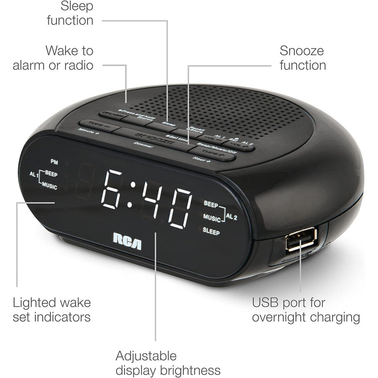 RCA Radio-Réveil avec Chargement USB, Sons Relaxants et Batterie de Secours, Noir - RCS27 - Simple Boutique