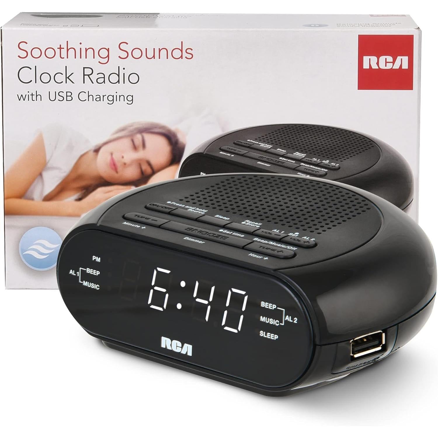 RCA Radio-Réveil avec Chargement USB, Sons Relaxants et Batterie de Secours, Noir - RCS27 - Simple Boutique