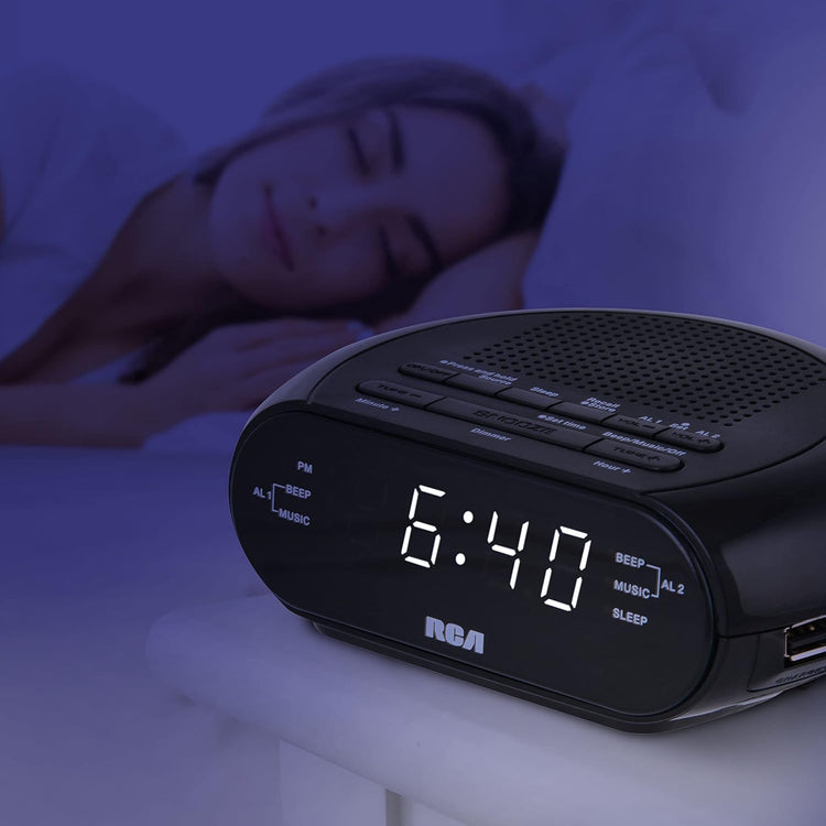 RCA Radio-Réveil avec Chargement USB, Sons Relaxants et Batterie de Secours, Noir - RCS27 - Simple Boutique