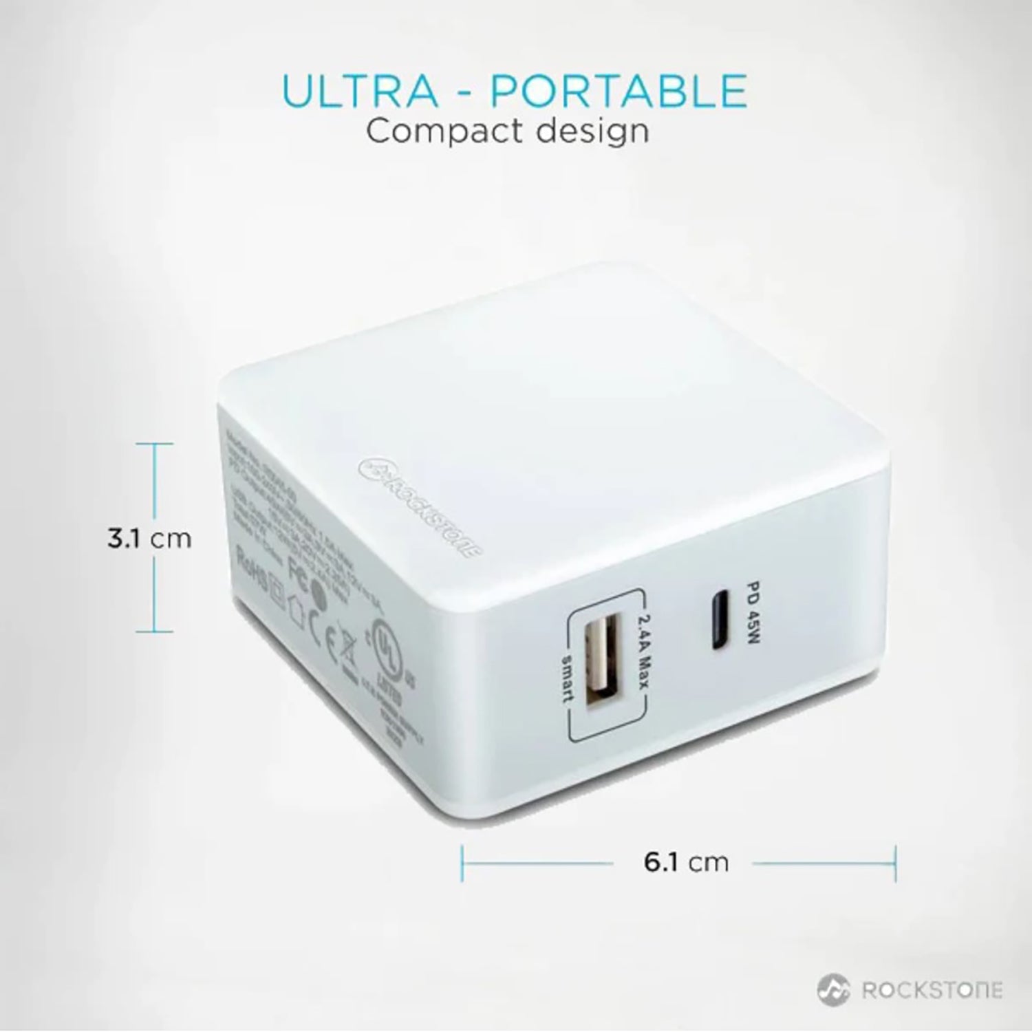 Rockstone - Chargeur Mural PD45 avec Prise USB-A 2.4A et USB-C 45W, Blanc - Simple Boutique
