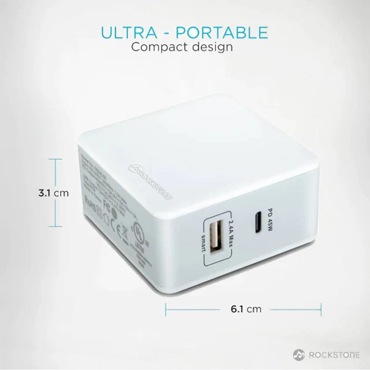 Rockstone - Chargeur Mural PD45 avec Prise USB-A 2.4A et USB-C 45W, Blanc - Simple Boutique