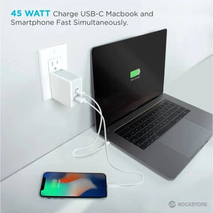 Rockstone - Chargeur Mural PD45 avec Prise USB-A 2.4A et USB-C 45W, Blanc - Simple Boutique