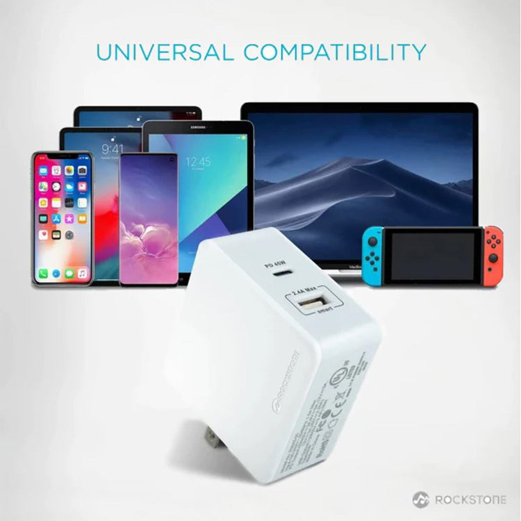 Rockstone - Chargeur Mural PD45 avec Prise USB-A 2.4A et USB-C 45W, Blanc - Simple Boutique