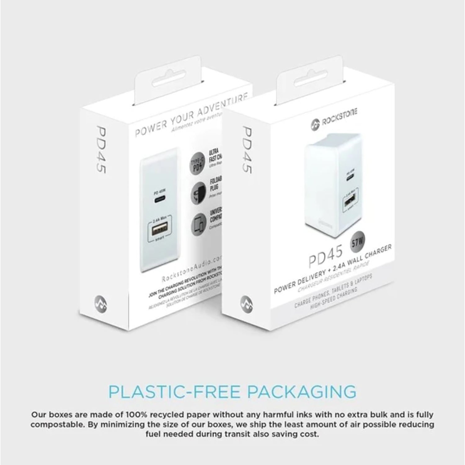 Rockstone - Chargeur Mural PD45 avec Prise USB-A 2.4A et USB-C 45W, Blanc - Simple Boutique