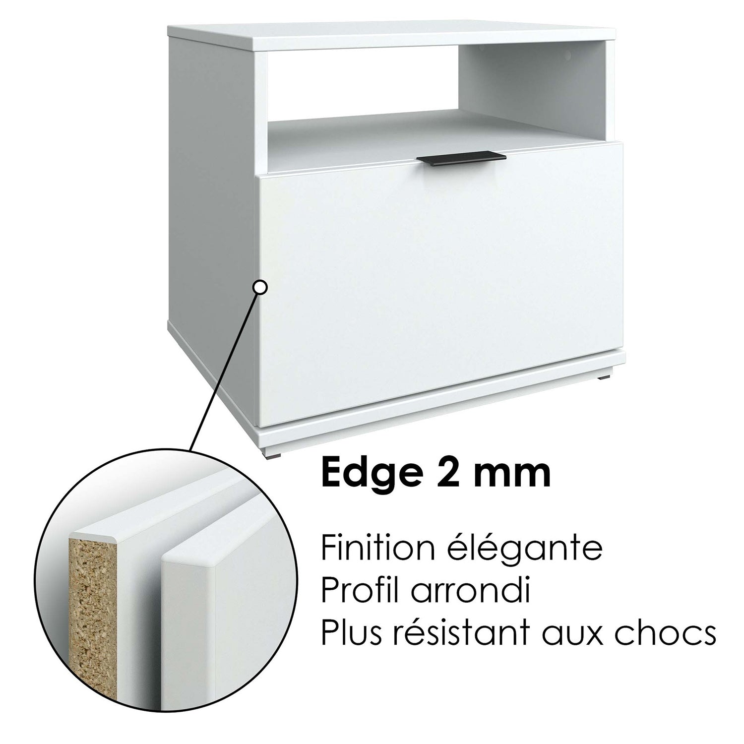 SUA-V - Table de Nuit Ashton en Mélamine Thermofusionnée, Blanc - Simple Boutique