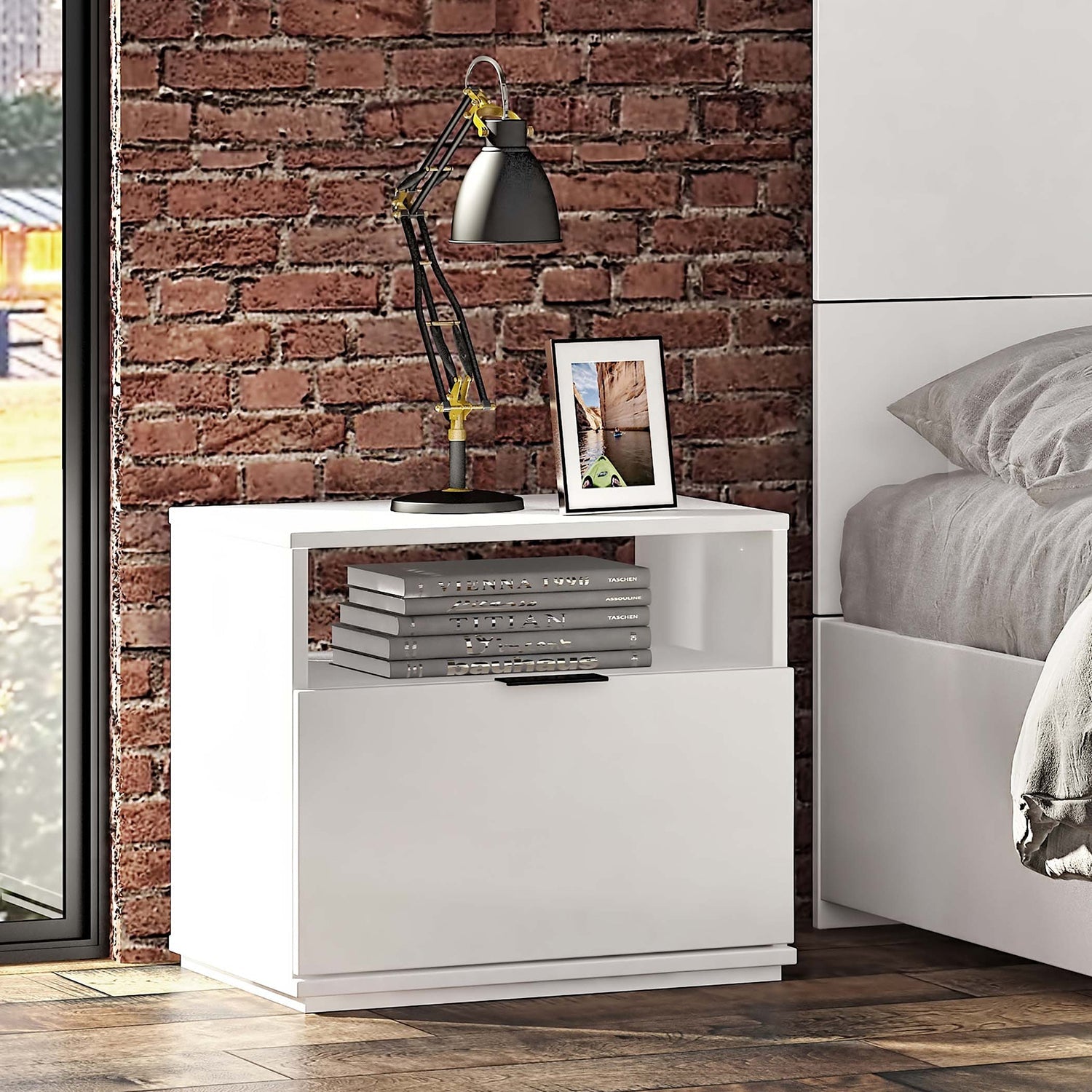 SUA-V - Table de Nuit Ashton en Mélamine Thermofusionnée, Blanc - Simple Boutique