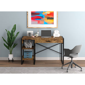 Safdie & Co Bureau d'ordinateur 47.65" de Long avec 1 Tiroir et 2 Tablettes pour Bureau à Domicile et Petits Espaces, Idéal pour Écrire, Apparence Bois Recyclé Brun et Métal Noir - Simple Boutique