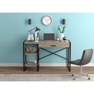 Safdie & Co Bureau d'ordinateur 47.65" de Long avec 1 Tiroir et 2 Tablettes pour Bureau à Domicile et Petits Espaces, Idéal pour Écrire, Taupe Foncé et Métal Noir - Simple Boutique