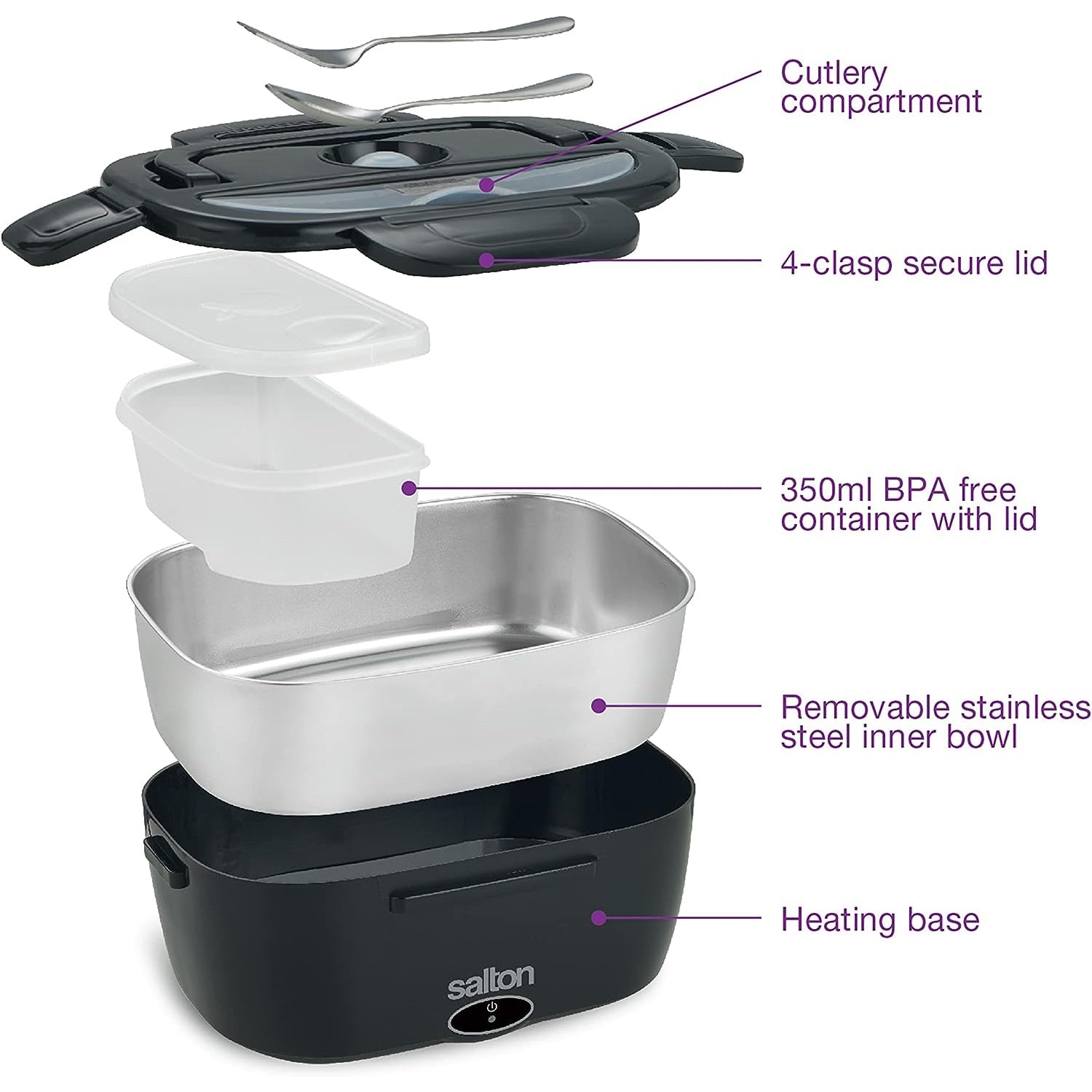 Salton - Boite à Lunch Chauffante Portable, Capacité de 1.5 Litre, Prise Murale et Chargeur de voiture Inclus - Simple Boutique