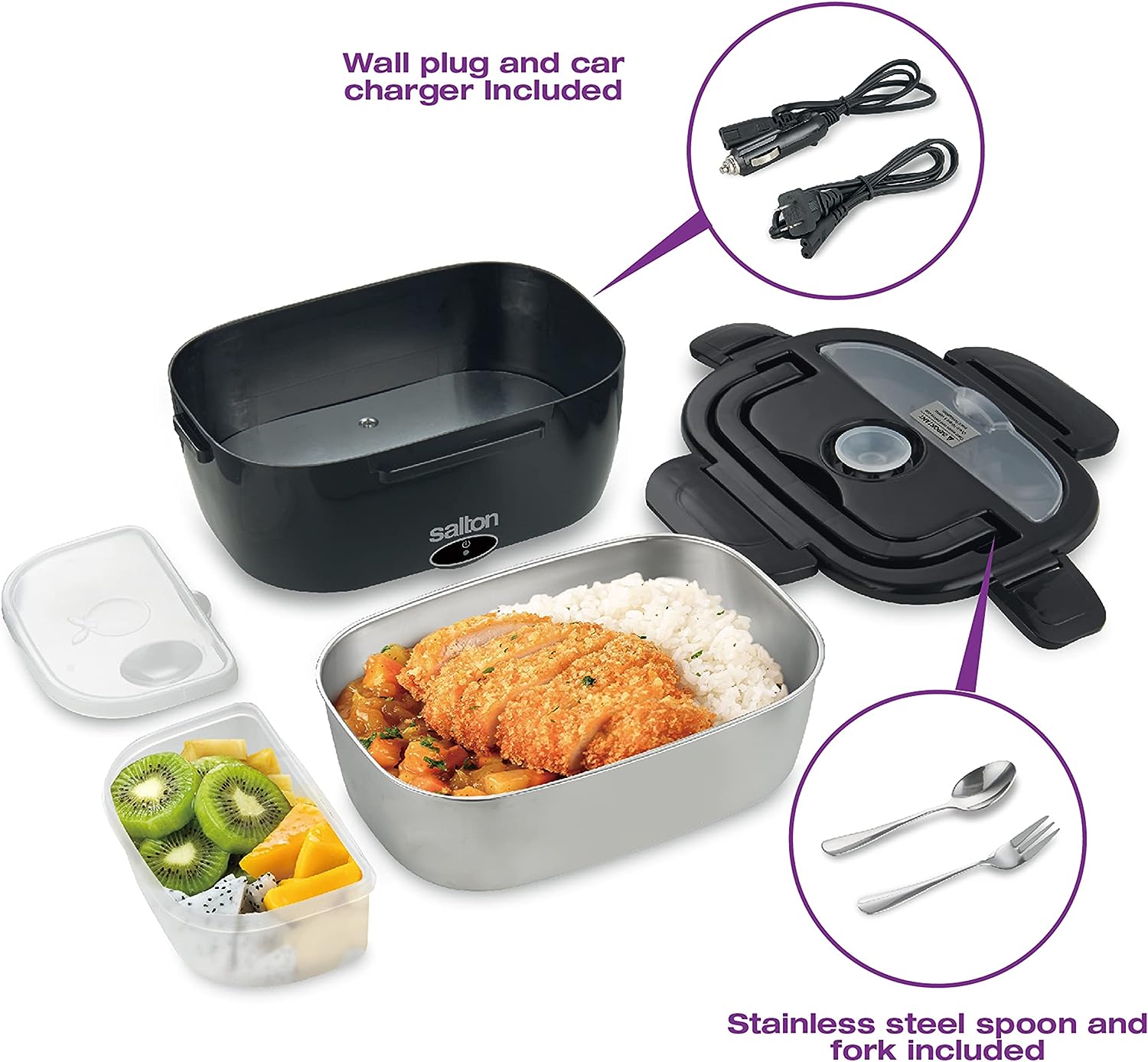 Salton - Boite à Lunch Chauffante Portable, Capacité de 1.5 Litre, Prise Murale et Chargeur de voiture Inclus - Simple Boutique