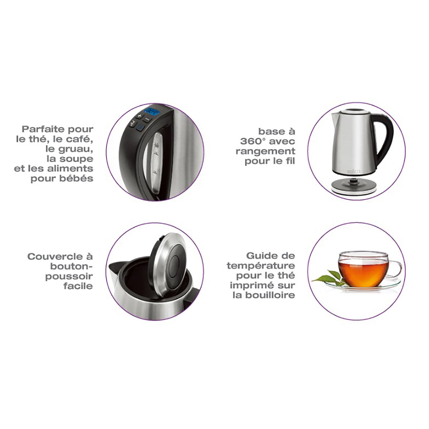 Salton - Bouilloire Électrique, Plage de Température de 40 à 100°C, Capacité de 1.7L, Acier Inoxydable - Simple Boutique