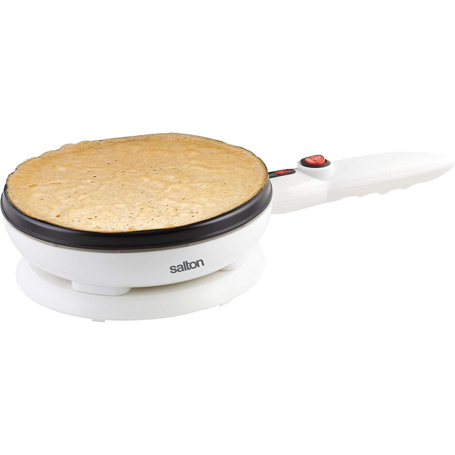 Salton CM1337 Crêpière Électrique Sans Fil avec Plat à Pâte et Spatule, Surface Antiadhésive, Température Automatique, 7.5", 800W, Blanc - Simple Boutique