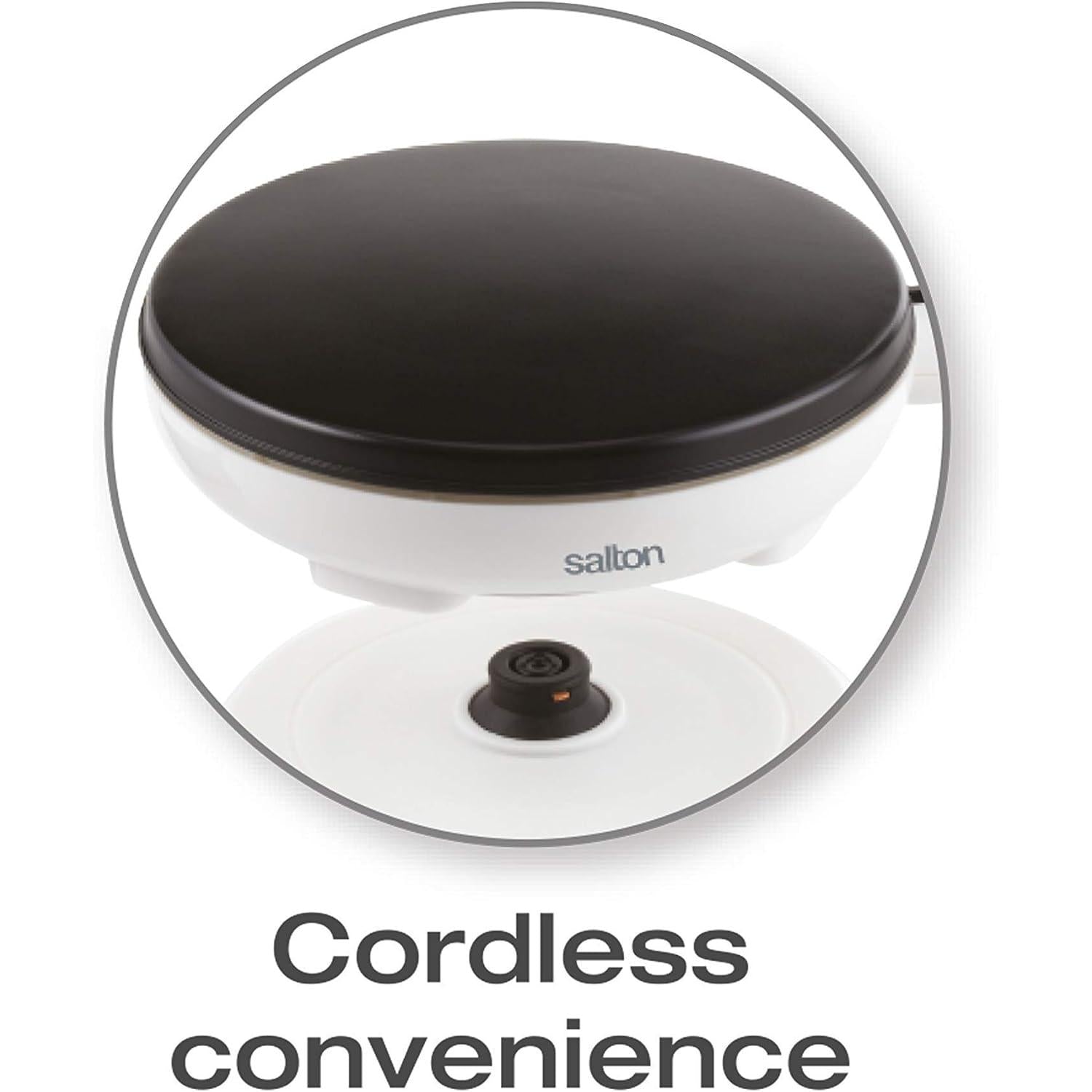 Salton CM1337 Crêpière Électrique Sans Fil avec Plat à Pâte et Spatule, Surface Antiadhésive, Température Automatique, 7.5", 800W, Blanc - Simple Boutique