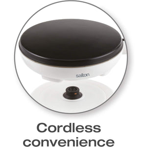 Salton CM1337 Crêpière Électrique Sans Fil avec Plat à Pâte et Spatule, Surface Antiadhésive, Température Automatique, 7.5", 800W, Blanc - Simple Boutique